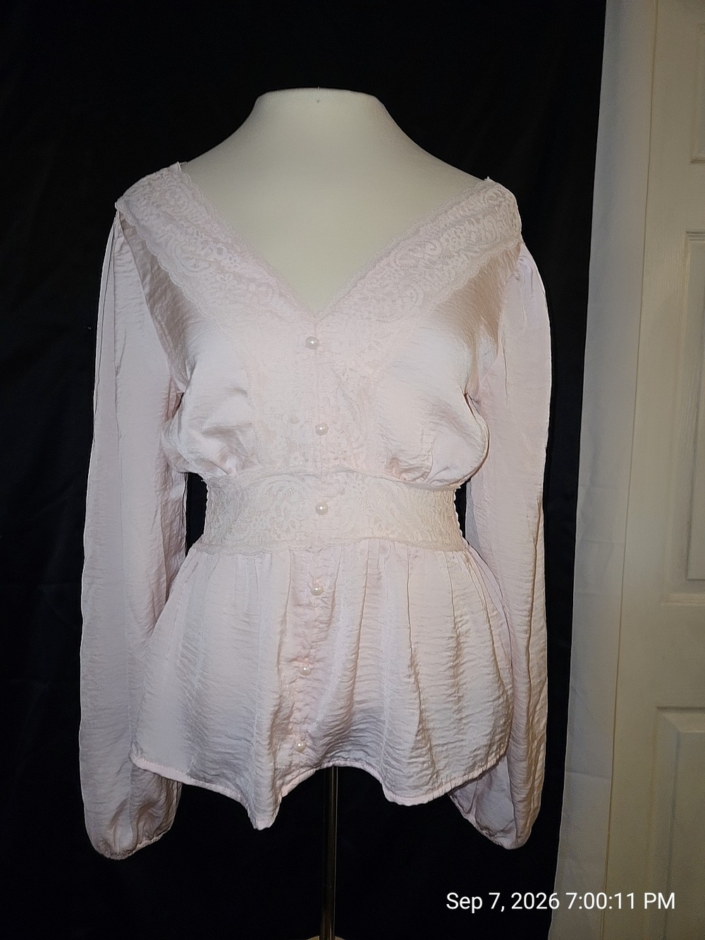 Almost Famous Pale Pink Lace-Trim Peplum Blouse